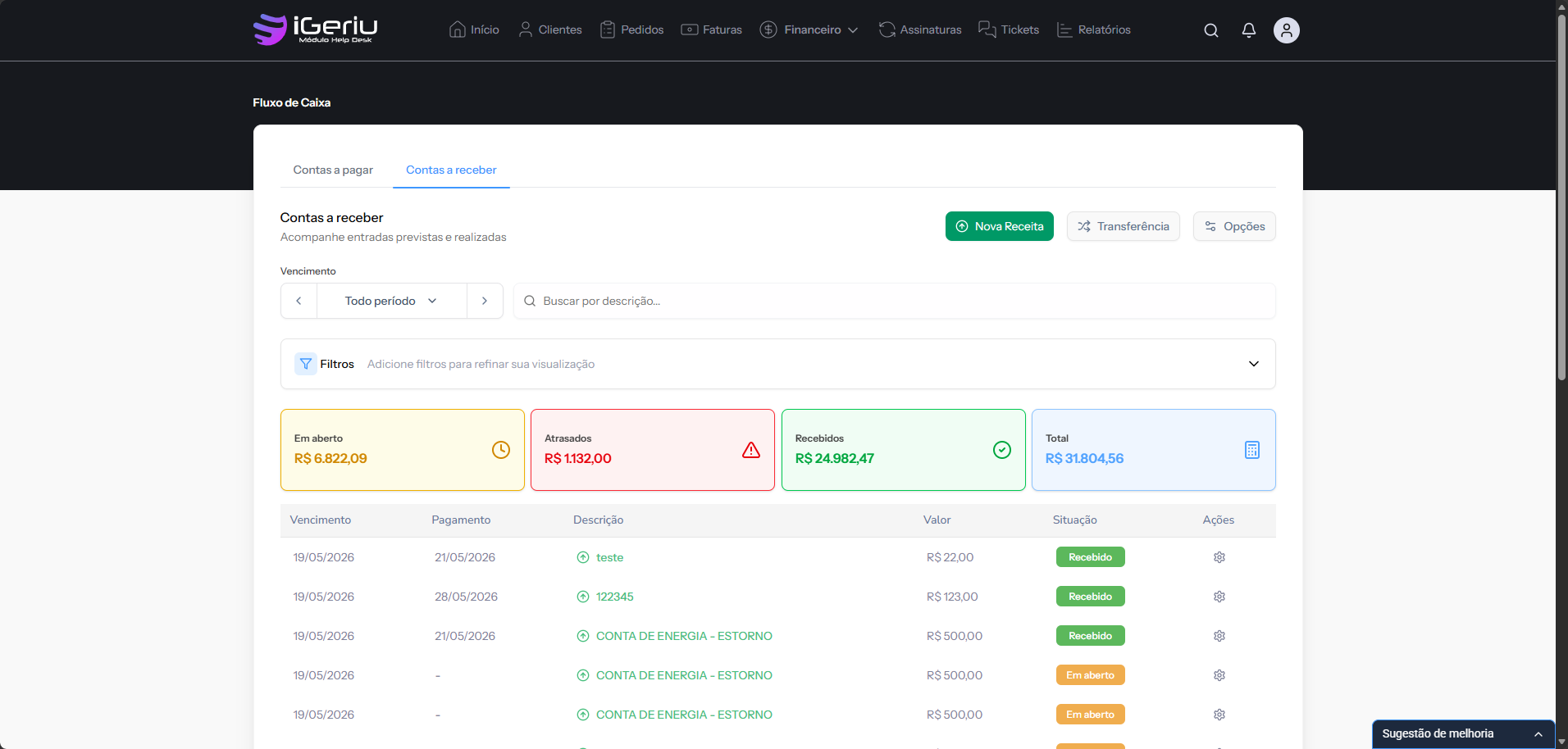 Controle de inadimplência e contas a receber para academias iGeriu